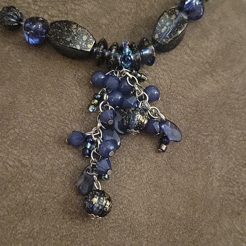 3/$30 VTG Navy Blue Beaded Sautoir Tassel Pendant Lavalier Necklace